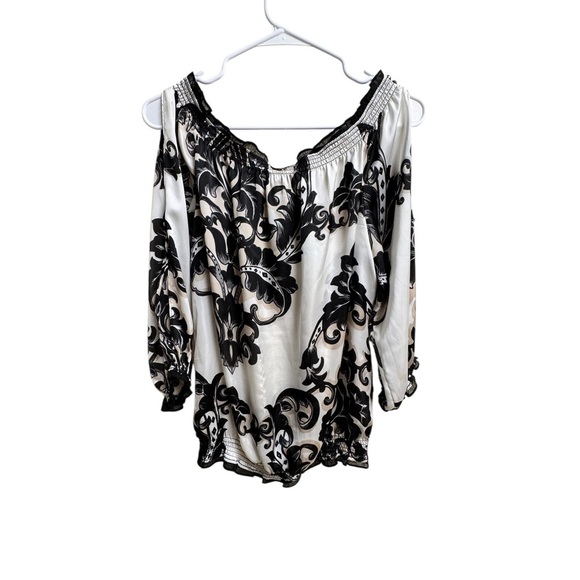 White House Black Market Off Shoulder Floral Blouse Sz M Slit Sleeve - Picture 2 of 5